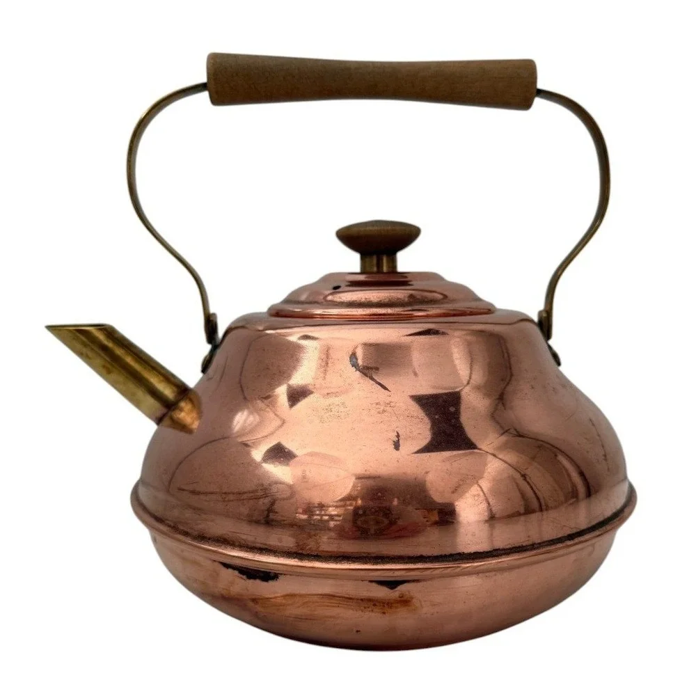 Vintage Hammered Spartan Copper Tea Kettle Stovetop Pot Brass Handle Wood Grip